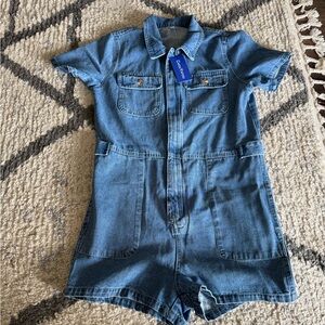 Blue Denim Jumpsuit Romper with Short Sleeves and Zip-Up Front